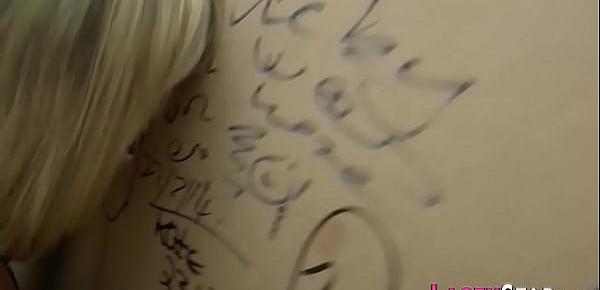 Busty blonde grans suck at gloryholes